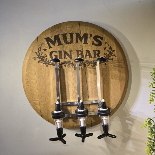 "Oak Barrel Lid Optics Mum’s Gin Bar"