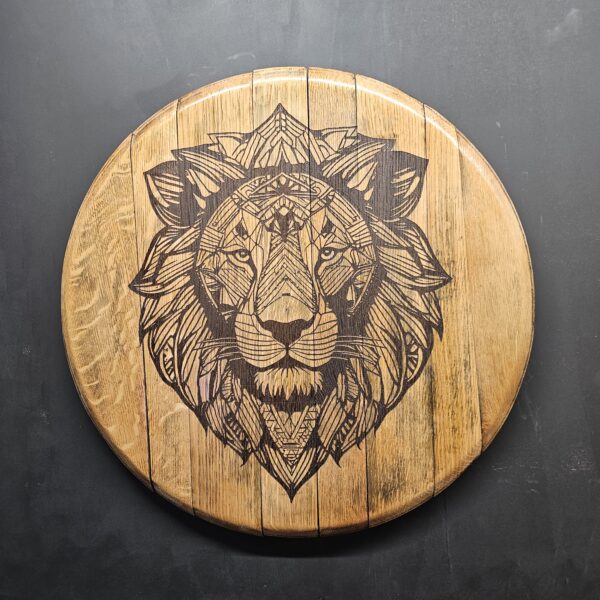 "Lion Face Geometric Oak Barrel Lid Wall Art"