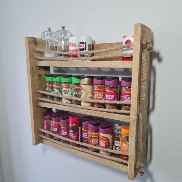 "Rustic Spice Rack Wall Mounted with Hessian rope Dark Oak" - Image 2