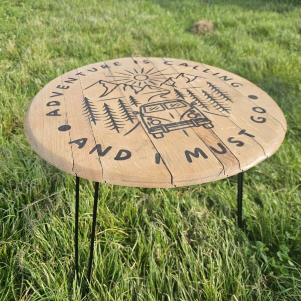 “Oak Barrel lid Camping Table Camper Van Adventure”