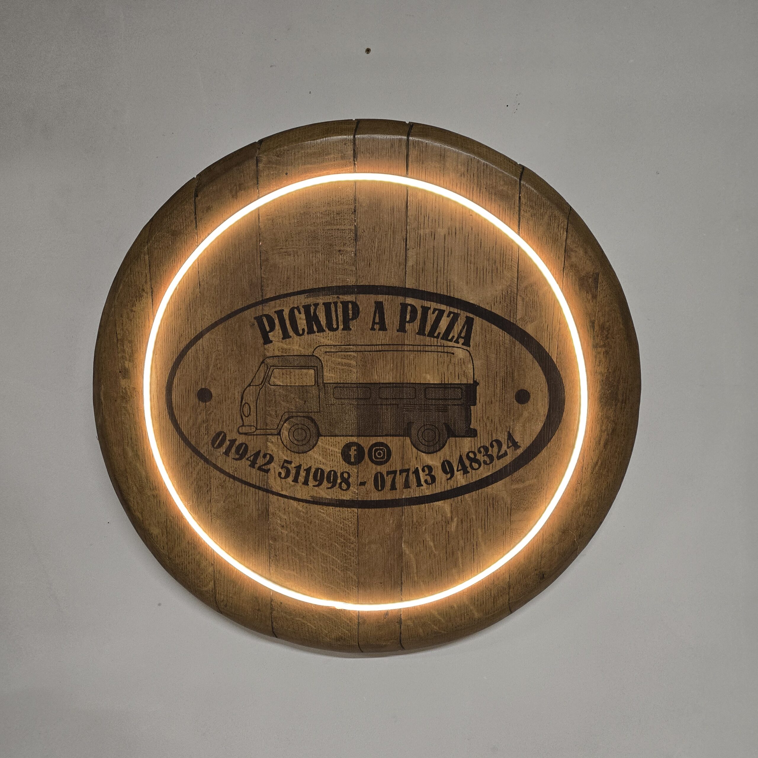 "Custom LED Oak Barrel Lid Laser Engraving" - Image 2