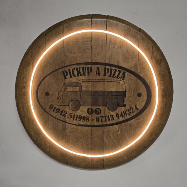 "Custom LED Oak Barrel Lid Laser Engraving"