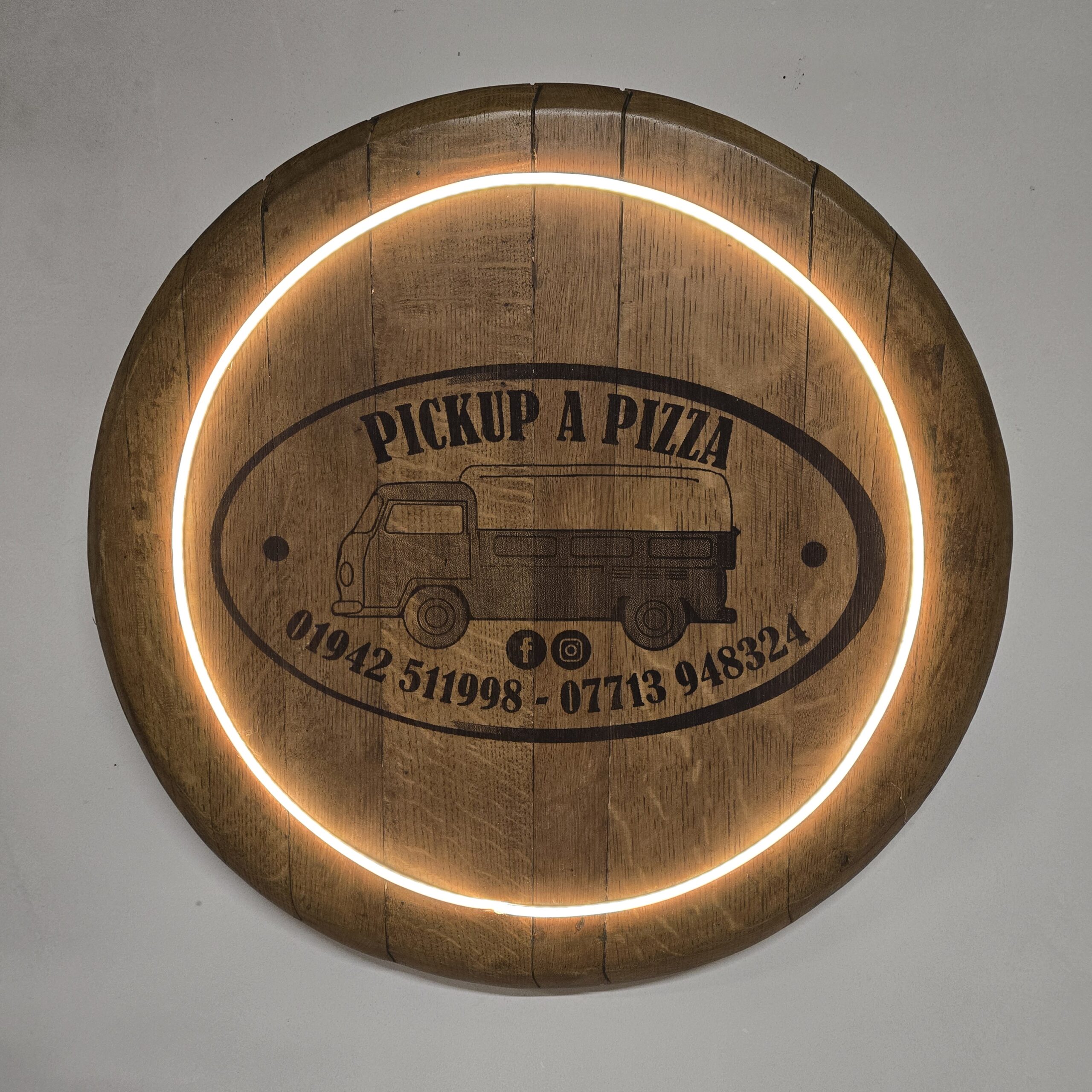 "Custom LED Oak Barrel Lid Laser Engraving"