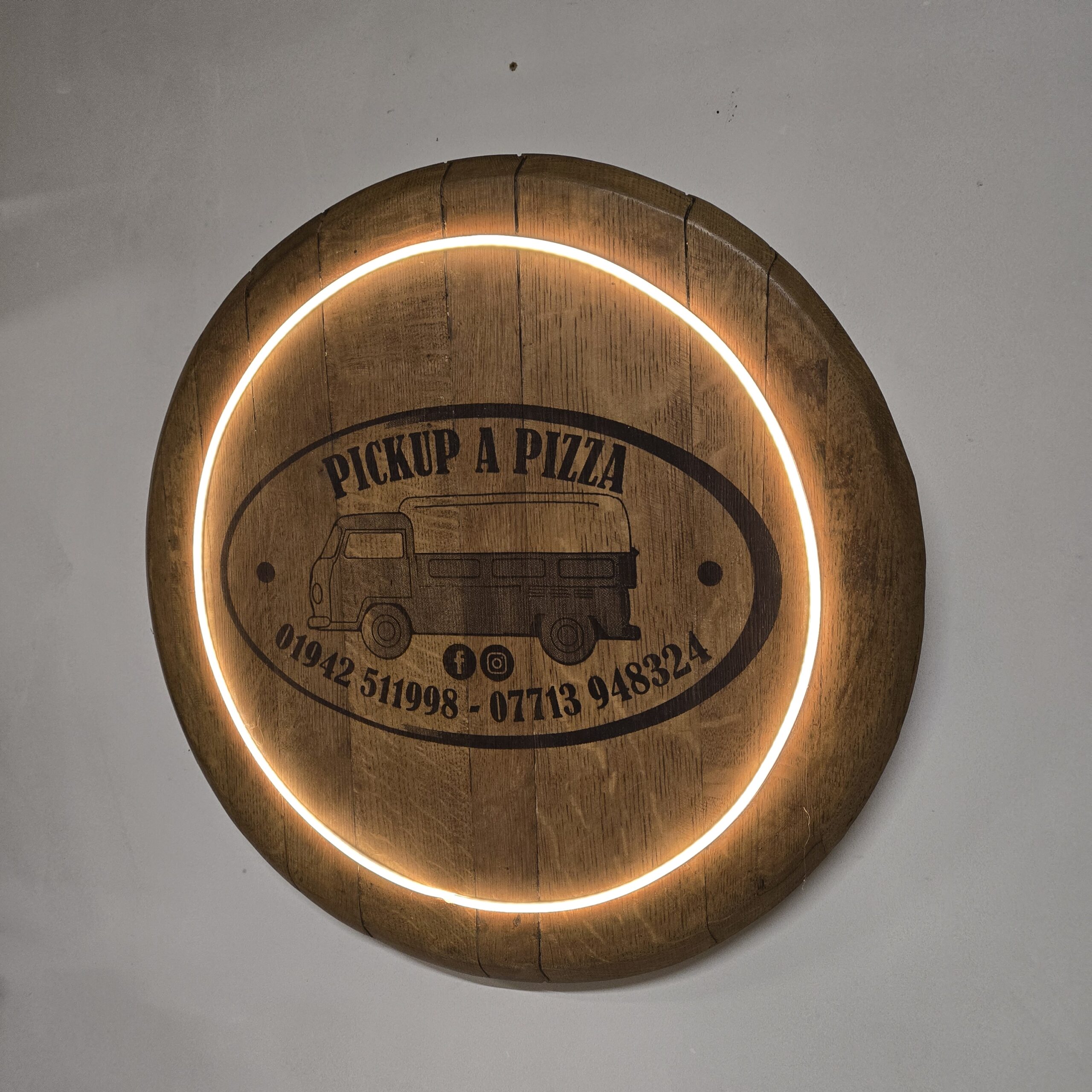 "Custom LED Oak Barrel Lid Laser Engraving" - Image 4