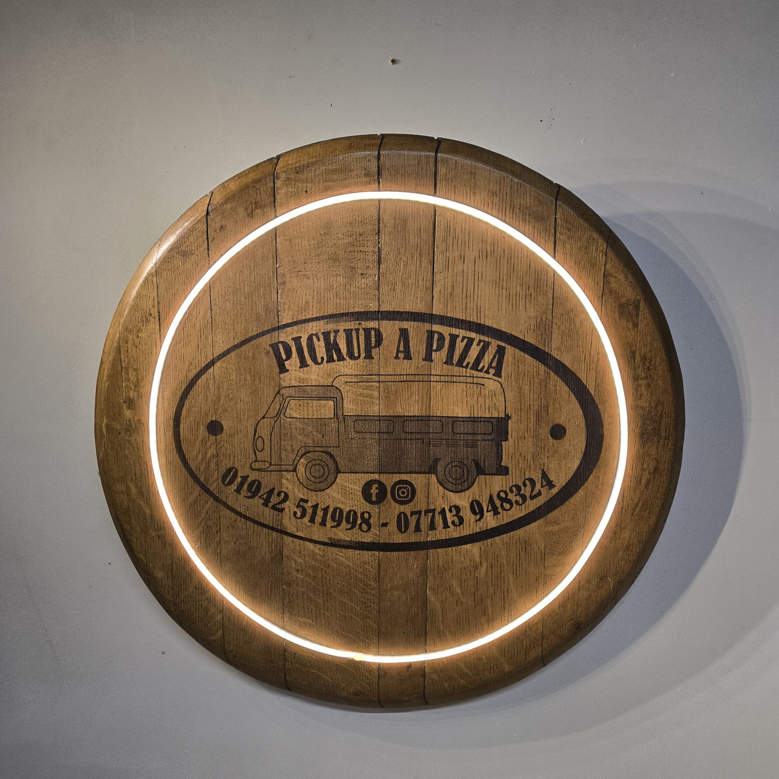 "Custom LED Oak Barrel Lid Laser Engraving" - Image 5