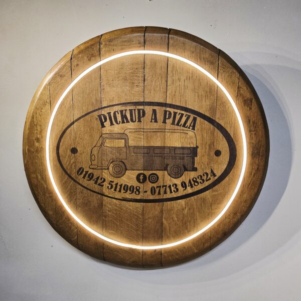 "Custom LED Oak Barrel Lid Laser Engraving"