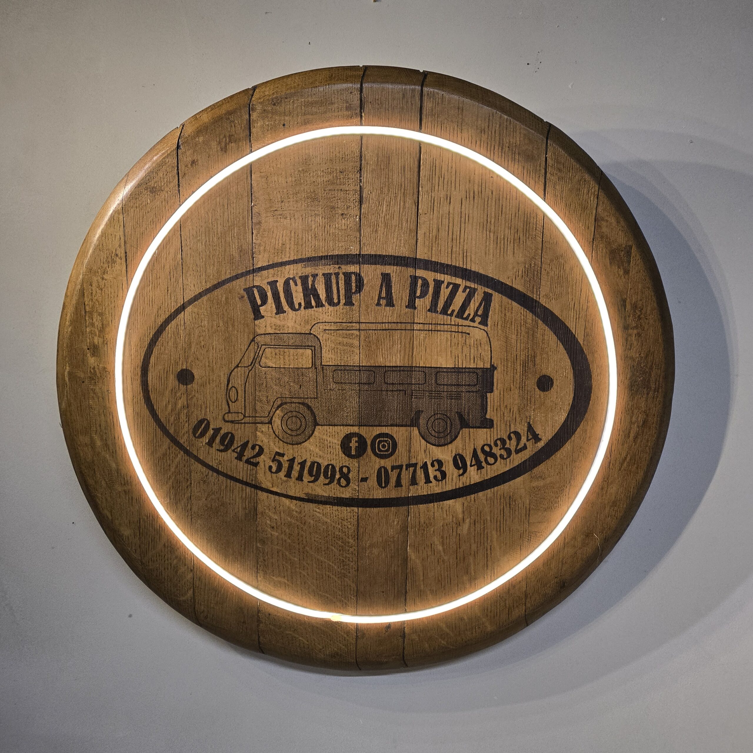 "Custom LED Oak Barrel Lid Laser Engraving" - Image 6