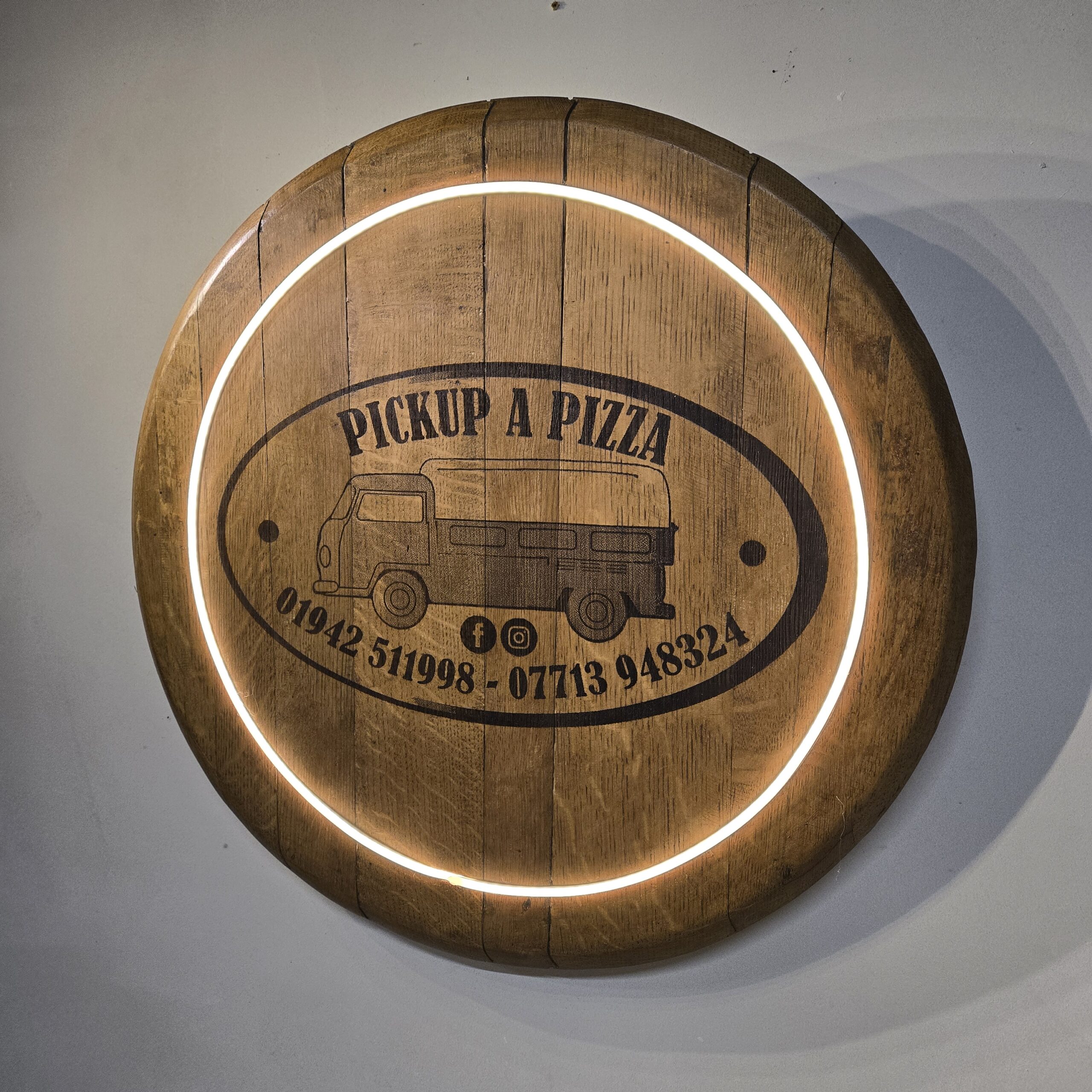 "Custom LED Oak Barrel Lid Laser Engraving" - Image 7