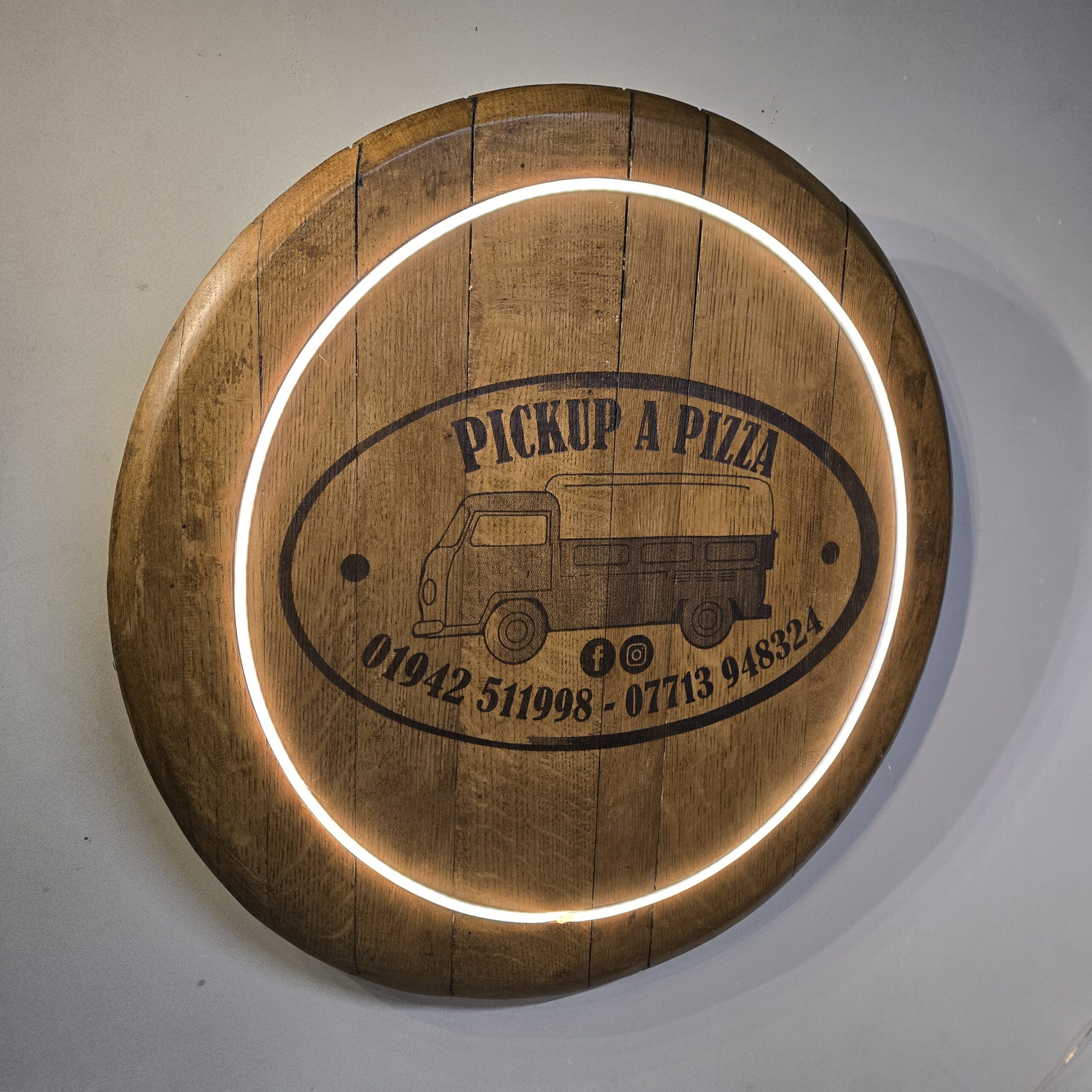 "Custom LED Oak Barrel Lid Laser Engraving" - Image 8