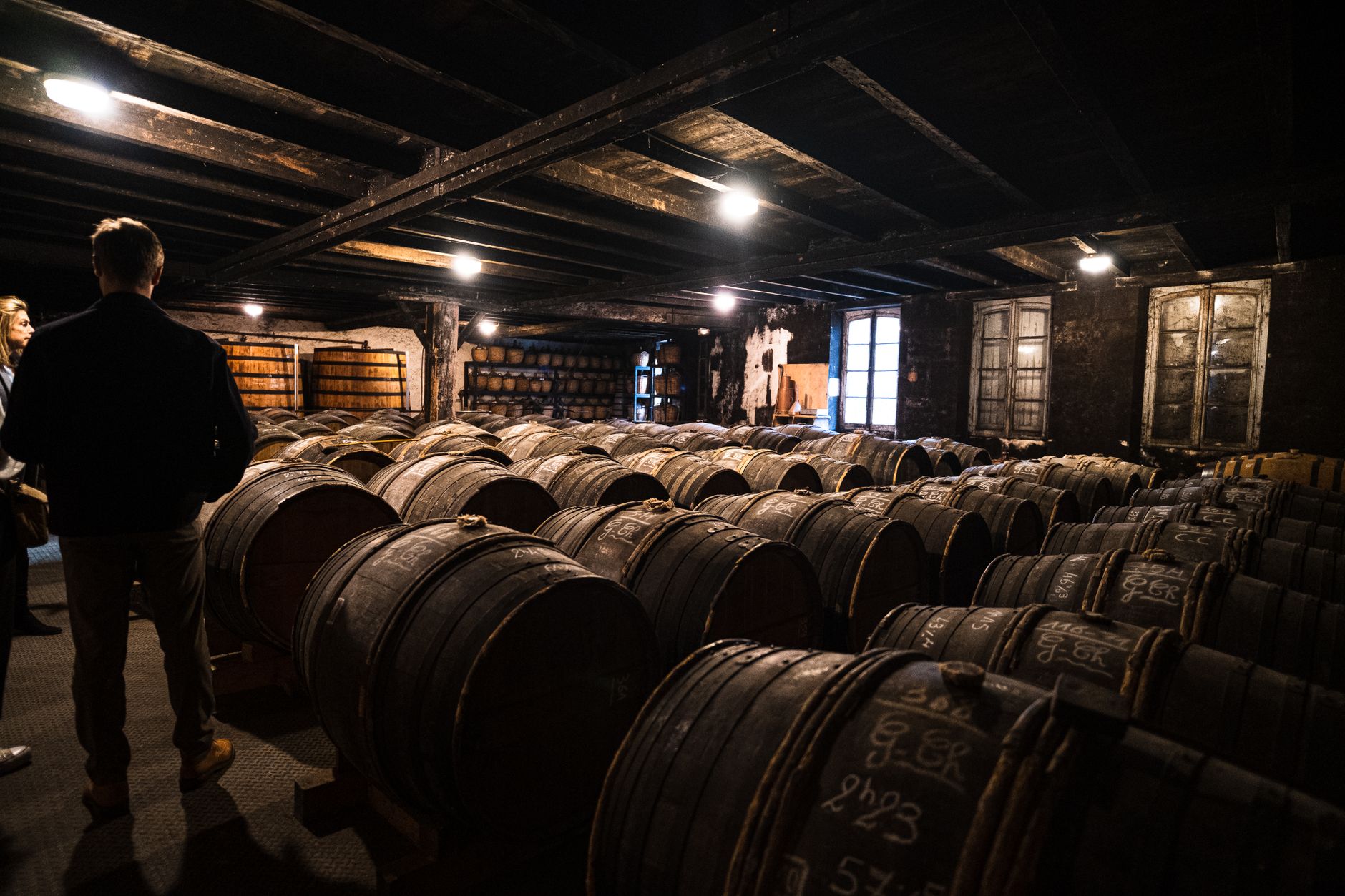 man in basement with wine kegs